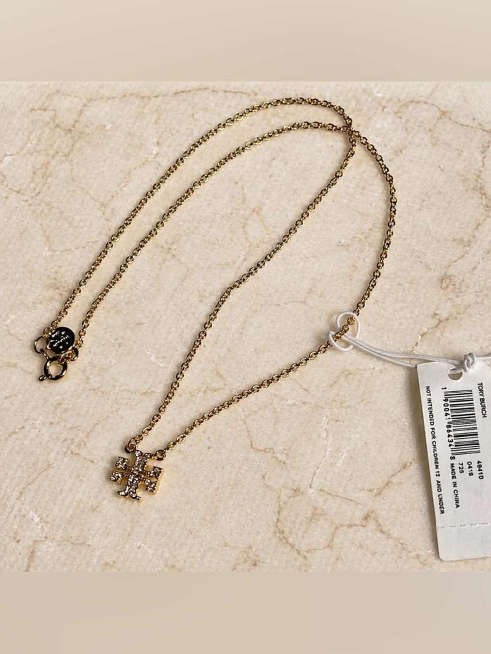 Tory Burch Gold-Tone Crystal Logo Pendant Necklace 16 inch